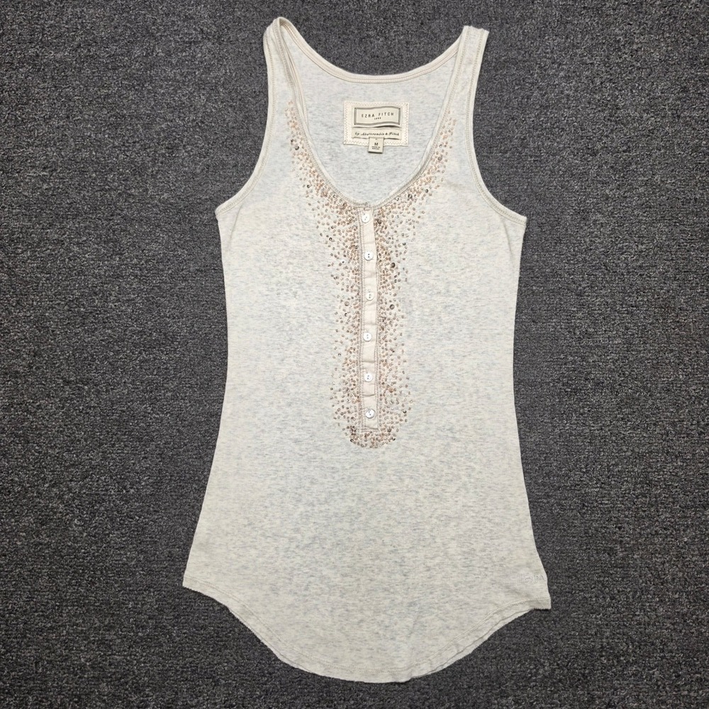 Ezra Fitch Tank Top Biege Womens Medium Sequin Beaded Ribbed Abercrombie Y2K VTG